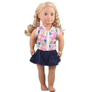 Detailed view of 18-inch doll wearing a pink heart vest and blue skirt, perfect for styling.