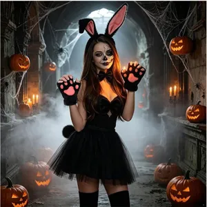 Ensemble de costume de fille lapin d'Halloween avec serre-tête, gants et robe pour cosplay.