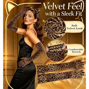 Leopard velvet long gloves and cat ears headband set, soft velvet look with stretch.