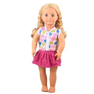 18 inch blonde doll with blue eyes wearing heart print vest and pink skirt toy.