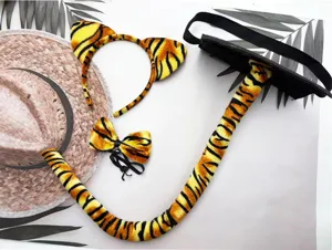 Halloween Tiger Kostuim Set mit Ohren Haarreif Fliege und Plueschschwanz fuer Party