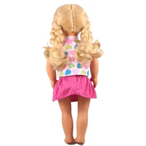 18-inch doll outfit with colorful heart pattern top and pink skirt, detailed back view.