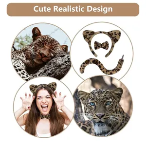 Leopard cosplay costume set featuring cat ears headband, bow tie and plush tail for parties.