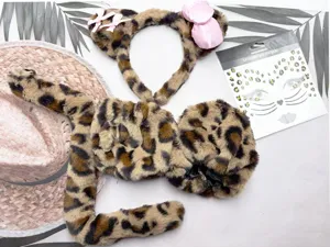 Leopard print animal costume set with headband ears and plush tail for party events.