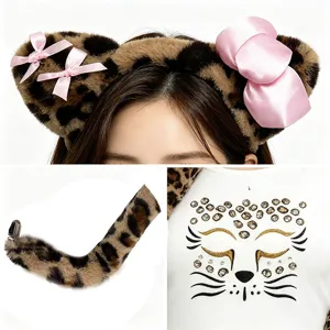 Leopard print costume set including ears headband, plush tail, and rhinestone cat shirt.