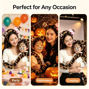 Leopard print cat ears headband and fluffy tail detail shot for holiday party costume and cosplay.