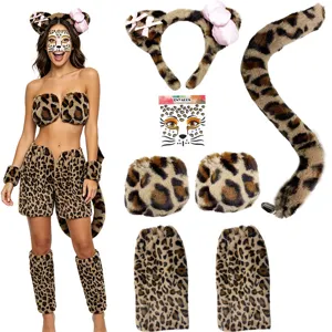 Leopard Print Cosplay Accessories Costume Ears Headband Tail Gloves Halloween Party Role Play Dress Up Props Accessory Outfit