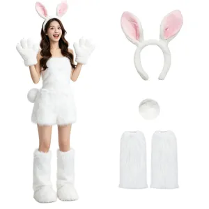 Ensemble costume de lapin avec serre-tête oreilles, haut en peluche blanche, gants et jambières.