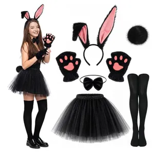 Ensemble de costume de lapin noir avec serre-tête oreilles et gants nœud jupe tutu set