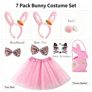 7 Stueck Osterhase Kostuem Set mit Ohren Haarreif Tutu Rock Blumenkorb fuer Partykleidung