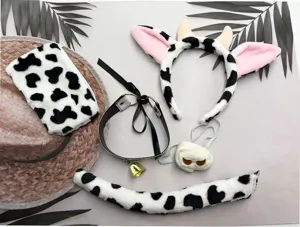 Detailed view of the cute plush cow ear headband, tail and collar cosplay costume set.