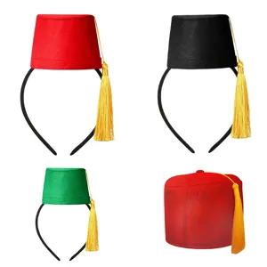 Traditional Turkish fez hat with golden tassel, Moroccan style costume accessory for cosplay party.