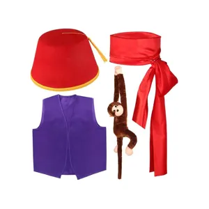 Aladdin costume accessory set featuring red fez hat, purple vest, sash and plush monkey toy.