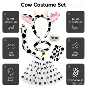 Cow costume set featuring plush ears headband, tail, bell collar, and tutu skirt for party.