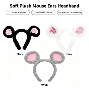Plush mouse ears headband detail shot, soft fabric and cute pink inner ear design for party.