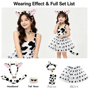 Cow cosplay costume set with ears headband tutu skirt and tail for Halloween party.