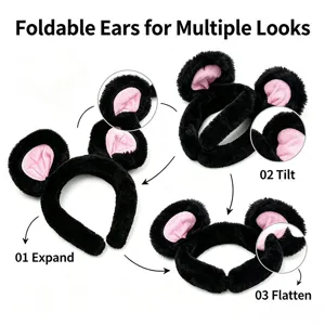 Foldable black and pink plush animal ears headband, detail showing multiple cute looks.