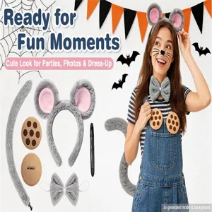 Cute gray mouse ear headband and tail costume set for parties, Halloween dress up and photo props.