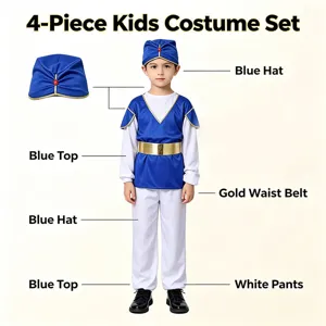 4-piece kids costume set featuring blue top, matching hat, gold belt, and white pants for fun.