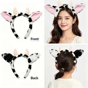 Cute plush cow ear headband with horns, soft animal costume hair hoop for cosplay and parties.
