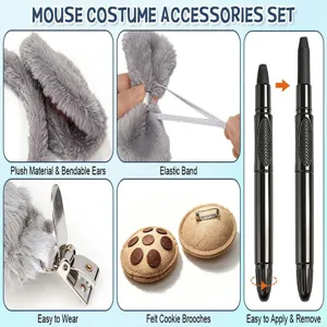 Mouse costume accessories detail showing plush bendable ears, tail, and face paint pen.