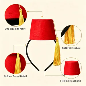 Detail view of red fez hat headband featuring soft felt texture and elegant golden tassel.