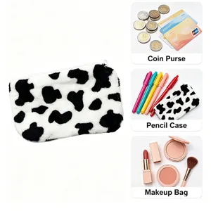 Cute cow print plush pouch fuzzy cosmetic bag multi-functional portable pencil case for women.