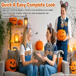 Detail view of adult Halloween mouse costume set including headband, tail, and overalls.