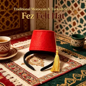 Traditional Moroccan Turkish fez felt hat with gold tassel and headband costume accessory