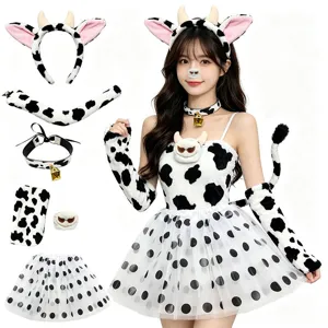 Cow Costume Set Plush Animal Ears Headband With Tail Collar Skirt Halloween Cosplay Party Dress Up Accessories For Kids Adults