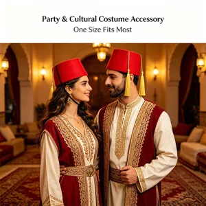 Traditional Moroccan fez hat and cultural costume set with golden tassels for party dress.