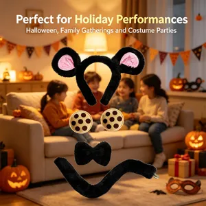 Detailed view of plush mouse ears headband, bow tie and tail set for Halloween holiday party.