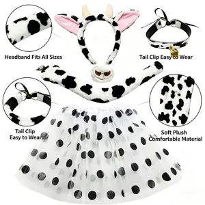 Cow cosplay costume detail view featuring plush ears headband, tail, bell choker and fluffy skirt.