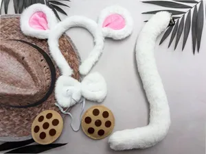 White plush animal costume set including headband, bow tie, tail, and paws for Halloween cosplay.