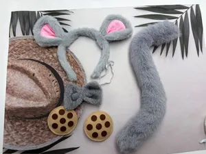 Gray plush mouse animal costume set featuring ears headband, tail and bow tie for cosplay.