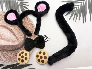 Black animal ears headband and tail costume set for kids and adults, perfect Halloween party.