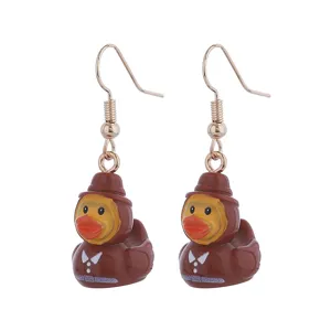 Resin cartoon duck dangle earrings for women, cute brown animal hook earrings for daily wear.