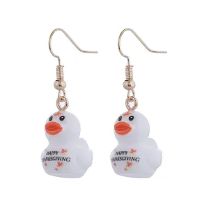 Cute Thanksgiving duck resin drop earrings for women, fun cartoon holiday jewelry gifts.