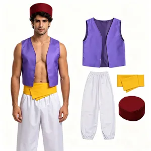 Men's Middle Eastern fantasy hero costume set, purple vest white harem pants and hat.