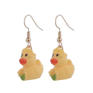 Cute resin duck earrings with corn pendant, funny cartoon drop earrings for women and daily wear.