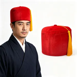 Traditional red fez hat with gold tassel, Moroccan Turkish style costume hat for men women.