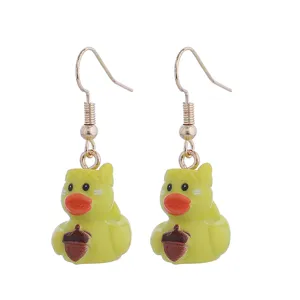 Cute resin yellow duck earrings, fun cartoon animal drop earrings for women daily wear.