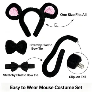 Black mouse costume set with cute ears headband stretchy bow tie and clip-on tail for party.