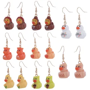 Resin Thanksgiving Duck Earrings Printed Cartoon Animal Drop Earrings Cute Pumpkin Turkey Duck Hook Earrings For Women Holiday Party Jewelry