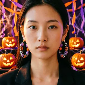 Halloween skull bead hoop earrings for women, gothic party large circle earrings, spooky jewelry.