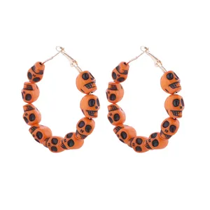 Halloween orange skull bead hoop earrings, gothic quirky party large drop earrings for women.