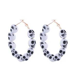 Halloween skull hoop earrings quirky black and white beaded dangling fashion jewelry for party