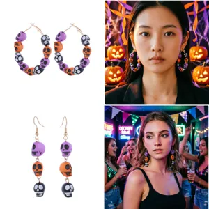 Halloween Skull Head Beaded Earrings Dark Quirky Party Style Plastic Iron Jewelry For Men Women Drop Hoop Earrings