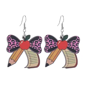 Creative school style wooden pencil bow earrings, cute teacher back to school jewelry