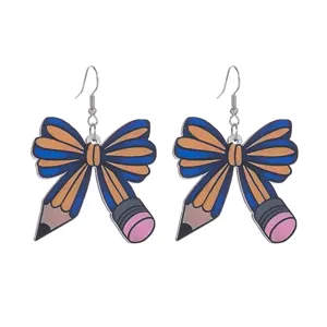 Creative wooden pencil bow earrings, cute back-to-school novelty drop earrings for girls.